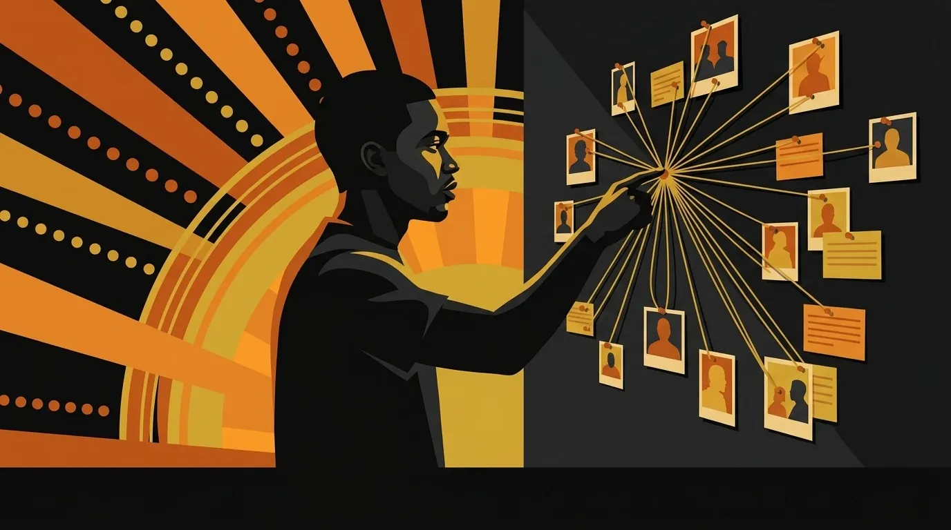 Illustration of an artist touching the one point where gold threads from every part of the wall converge