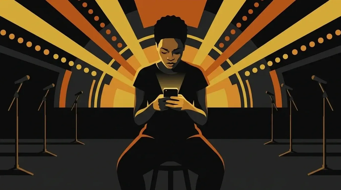Illustration of an artist alone on a stool in a dark studio looking at a glowing phone