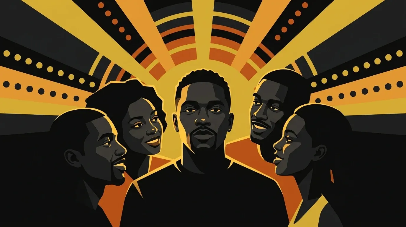 Illustration of an artist surrounded by a close group of fans in gold light