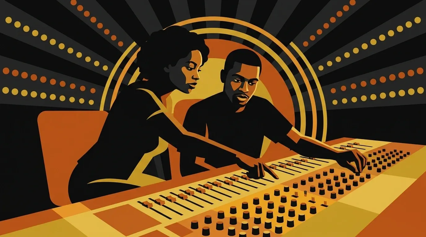 Illustration of two artists working a mixing console together