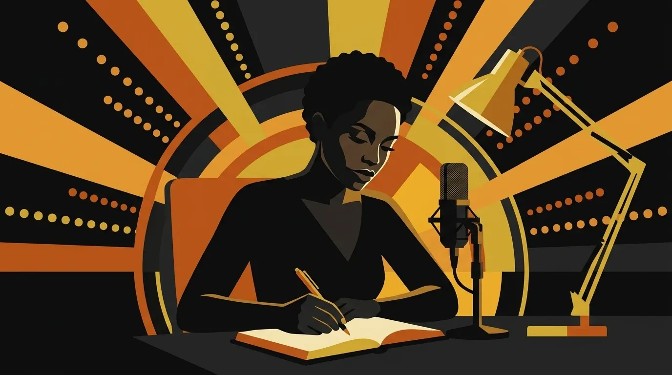 Illustration of an artist writing in a notebook at a studio desk beside a microphone