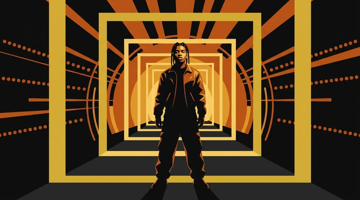 Illustration of an artist in a corridor of receding gold light frames