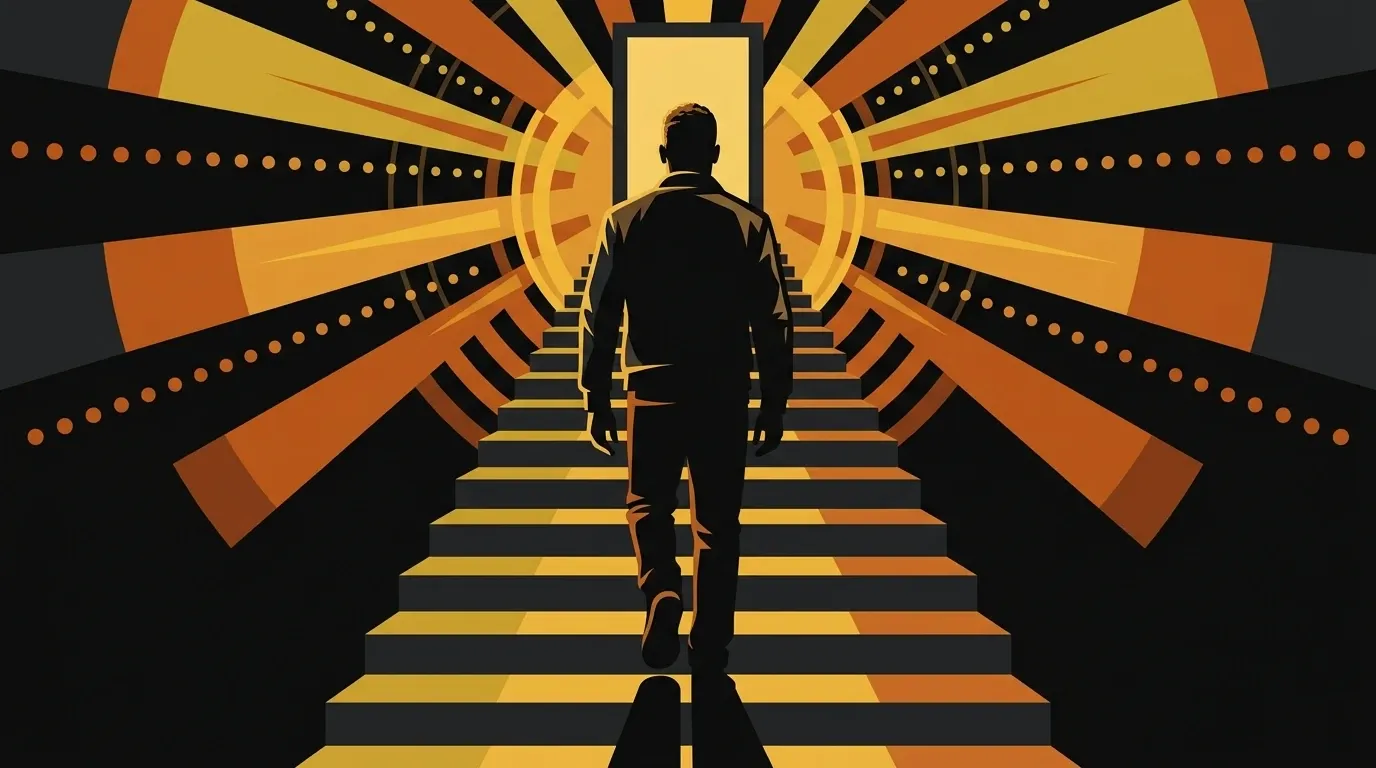 Illustration of an artist climbing a staircase toward a bright gold doorway