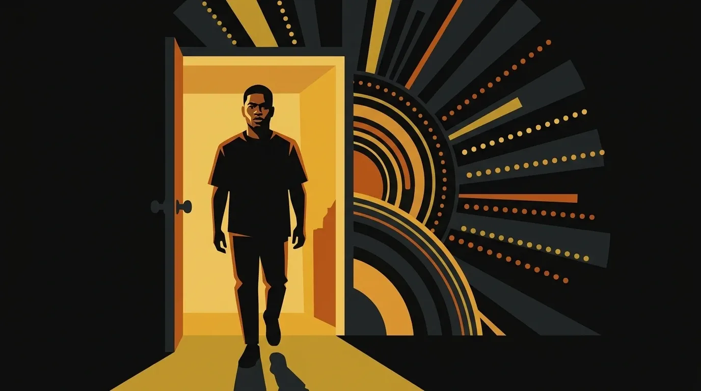 Illustration of an artist stepping through a doorway of warm gold light