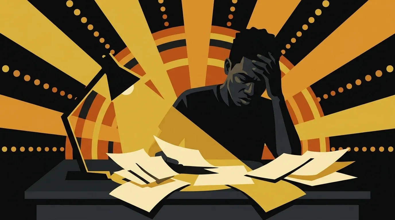 Illustration of an artist at a desk, head in hand over scattered paperwork under a gold lamp