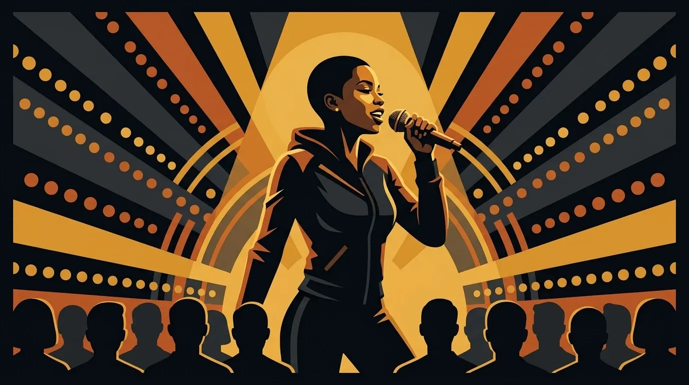 Illustration of an artist singing under a gold spotlight above an audience in silhouette