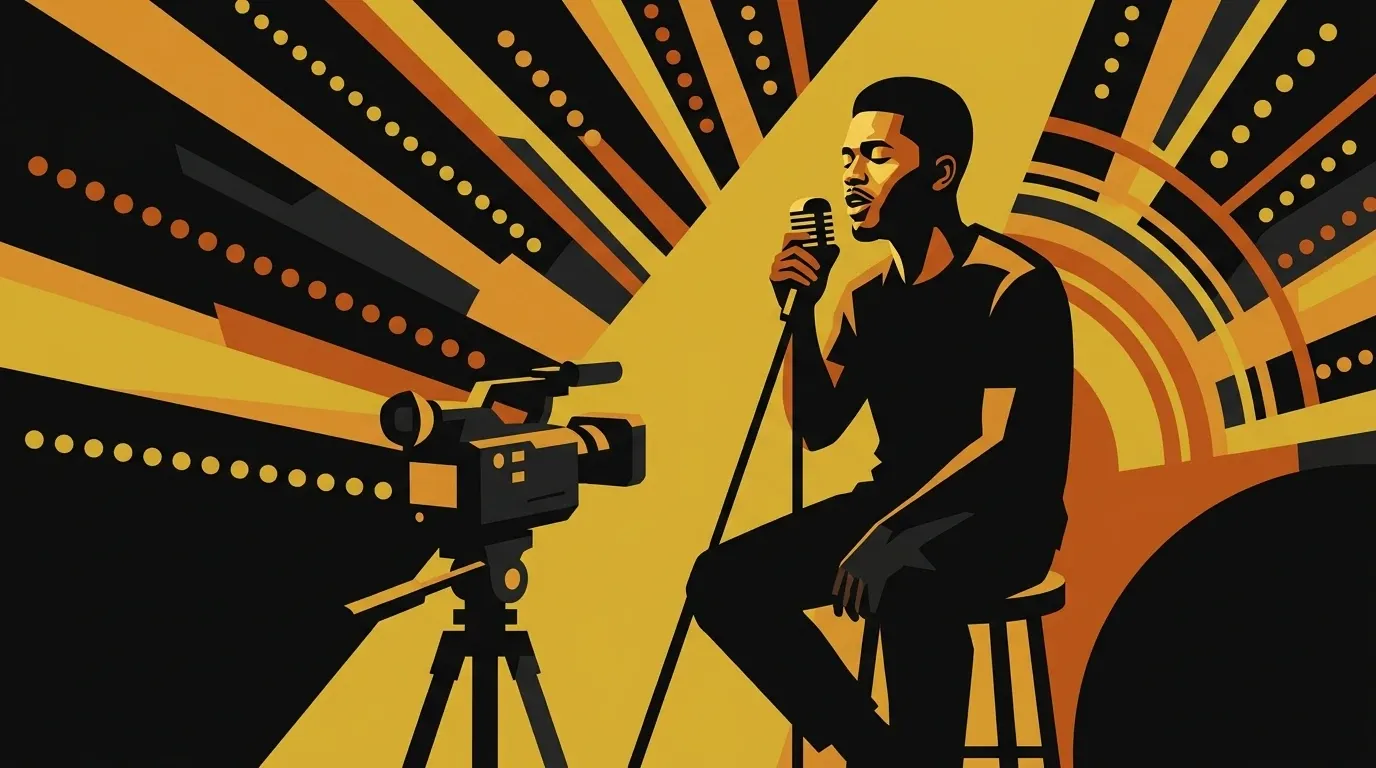 Illustration of an artist singing to a camera under a hard gold key light